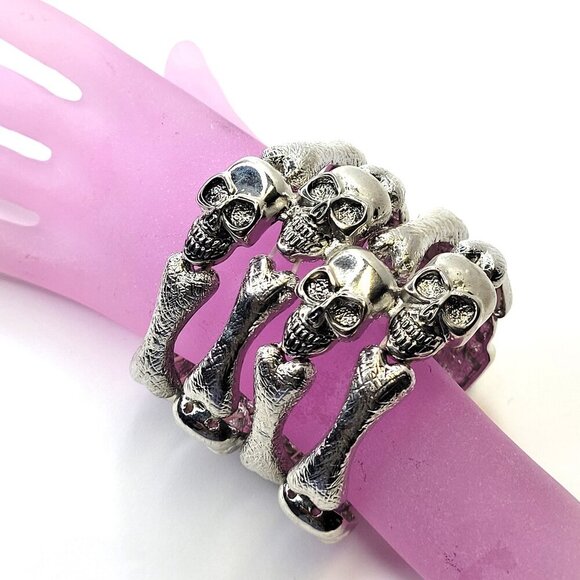 Skull Bracelet Stretchy Punk Rock Bangle Goth Accessory Halloween Jewelry - Picture 1 of 10
